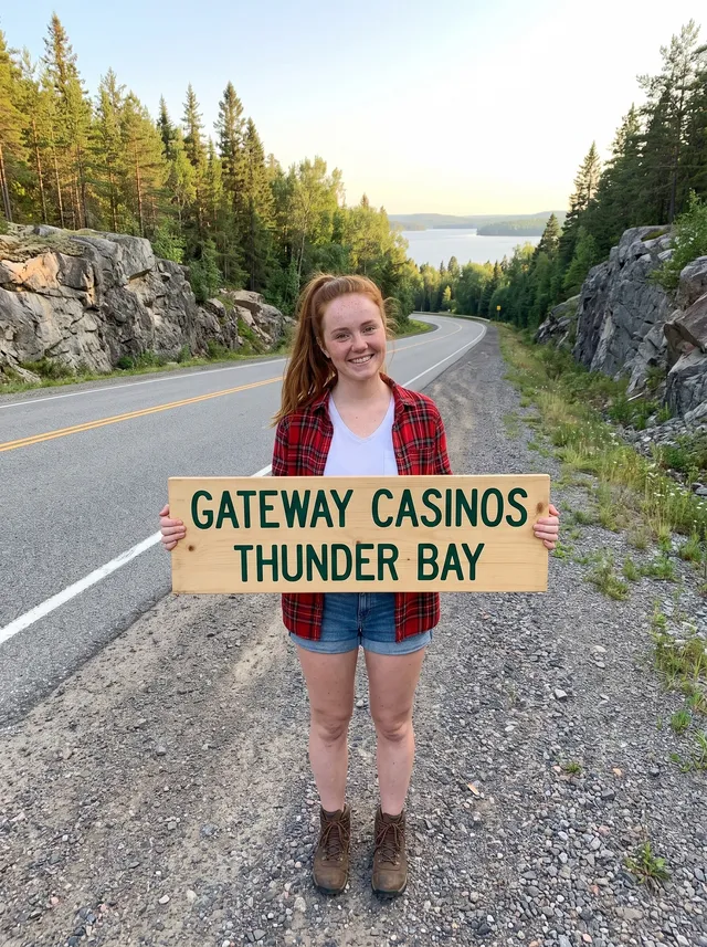 Ellie Marchand, the guide's host, stands at a gravel pull-off beside a two-lane highway between granite rock cuts and spruce forest, holding a wooden sign that reads Gateway Casinos Thunder Bay.
